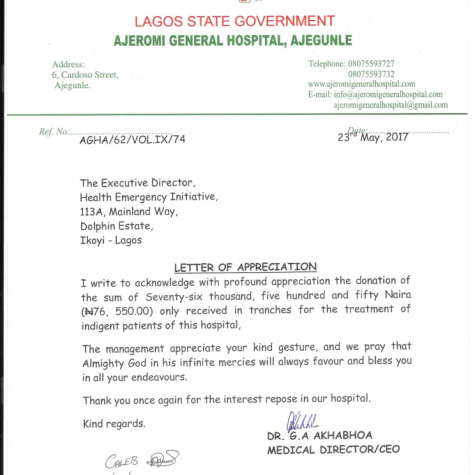 Appreciation letter-Ajeromi Hospital